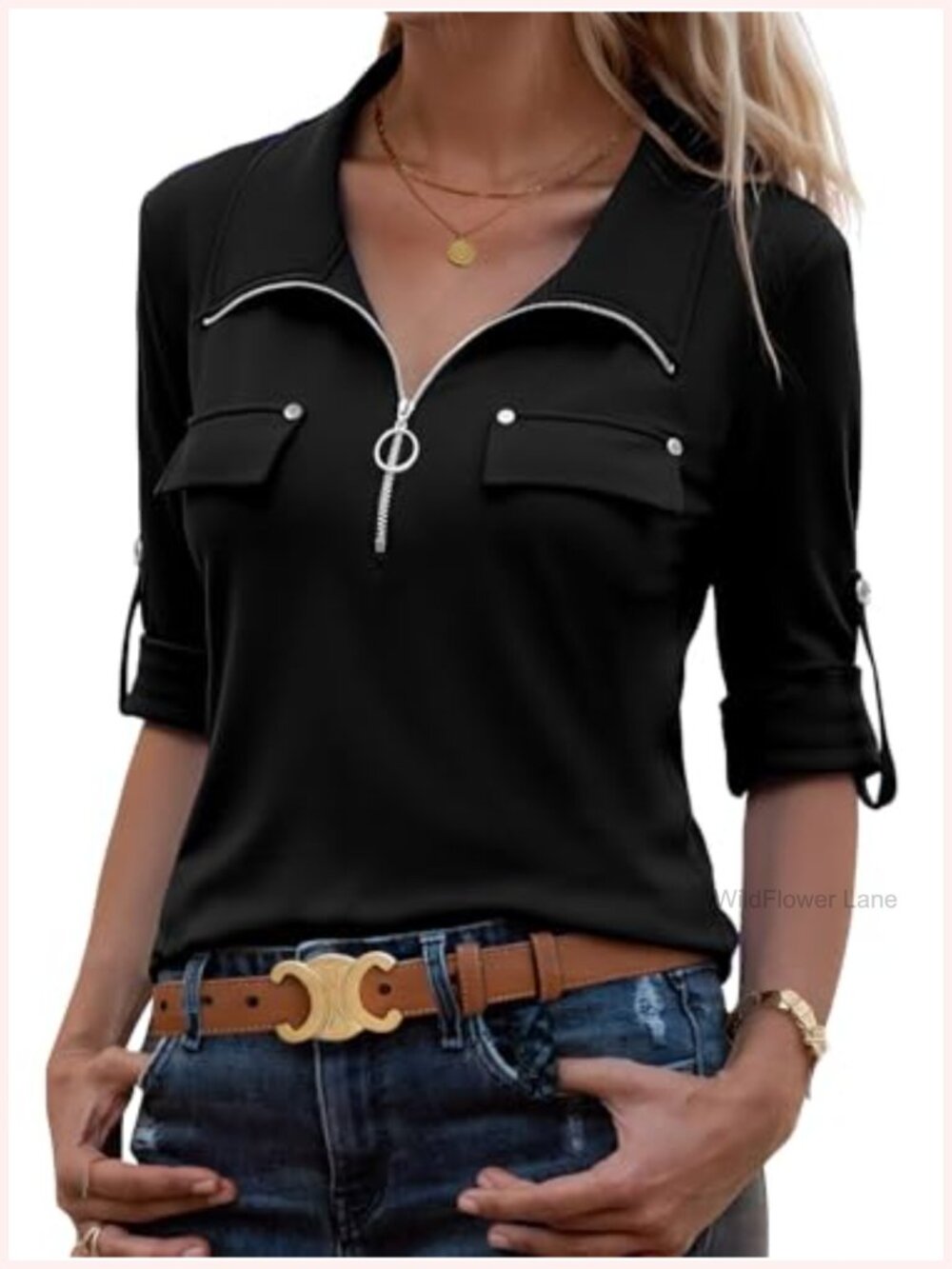 Womens Plus Size Tunic Top 3/4 Sleeve V Neck Zip Business Casual Blouse